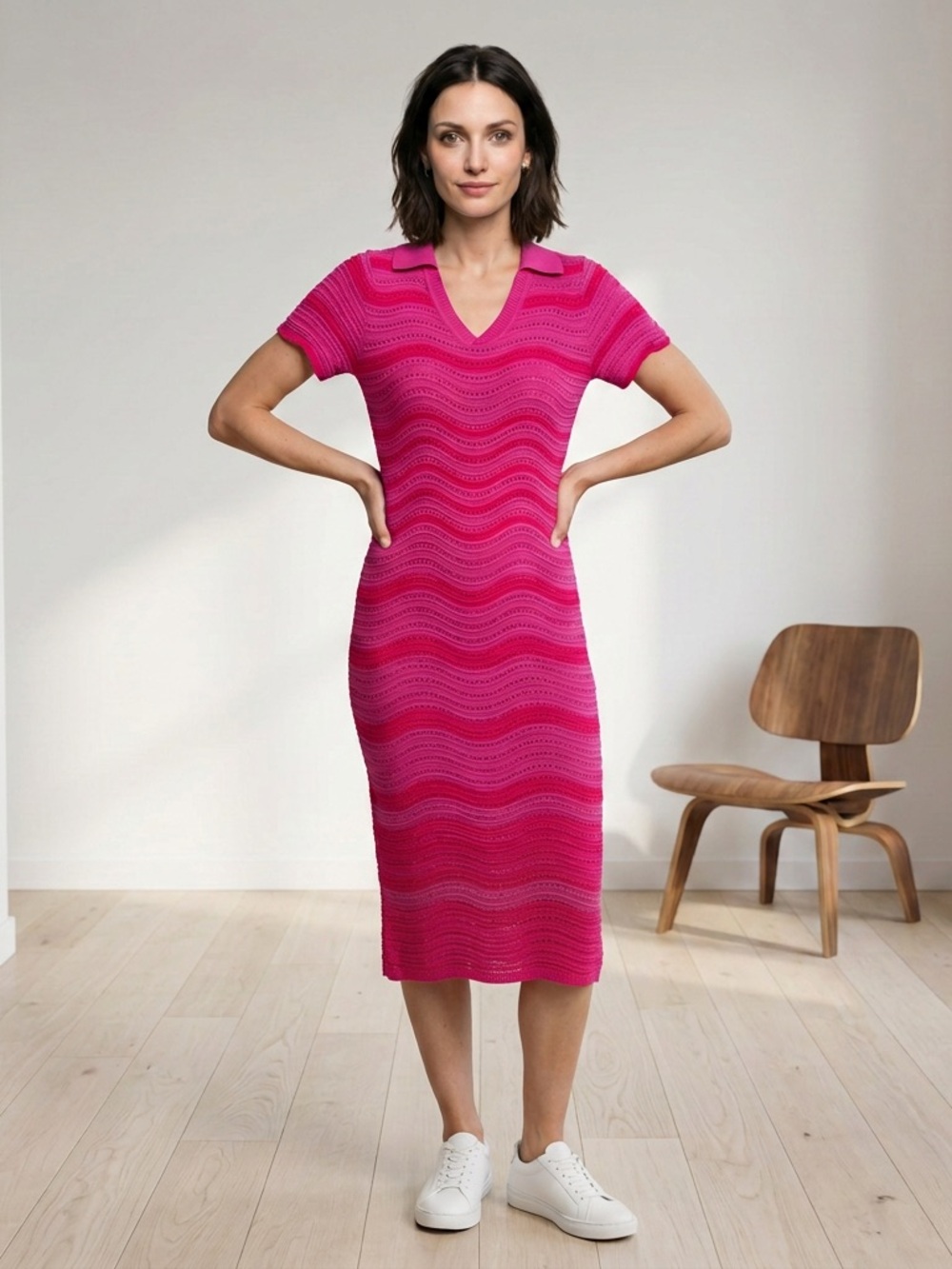 Pink Knit V-Neck Midi Dress